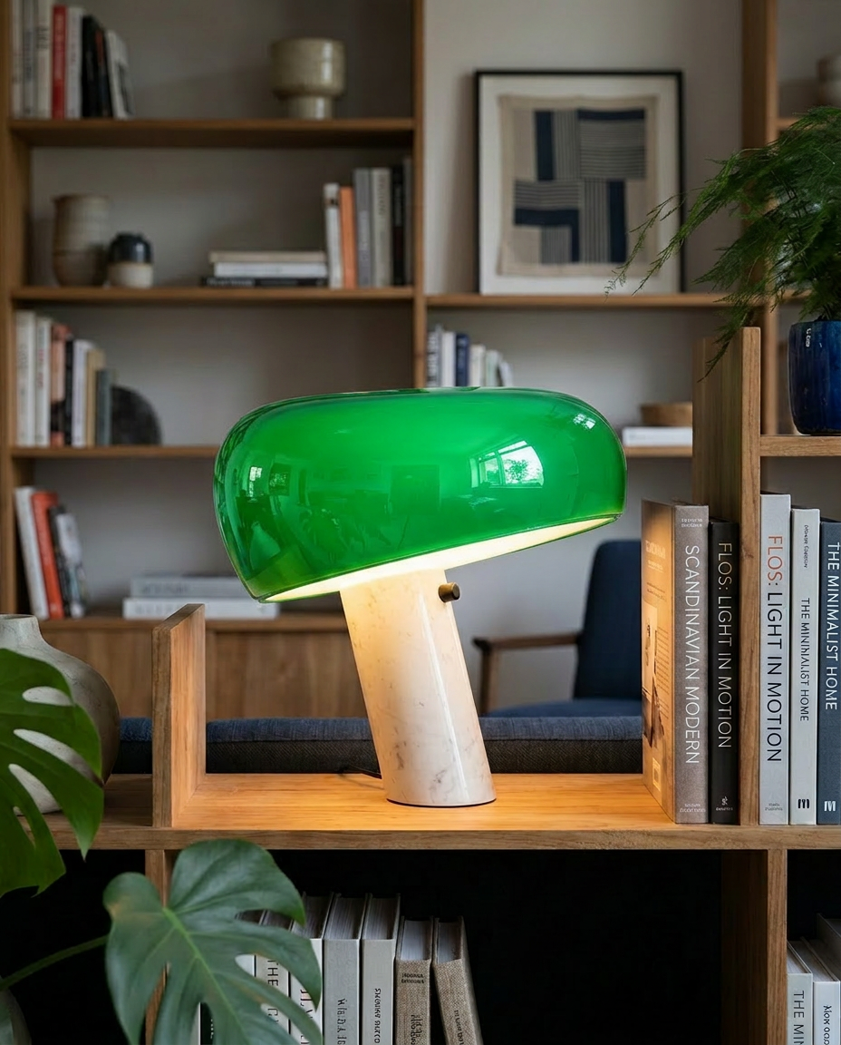 Snoopy Lampa (Svart) tänd med varmt ljus på grå marmorfönsterbänk med arkitektonisk utsikt