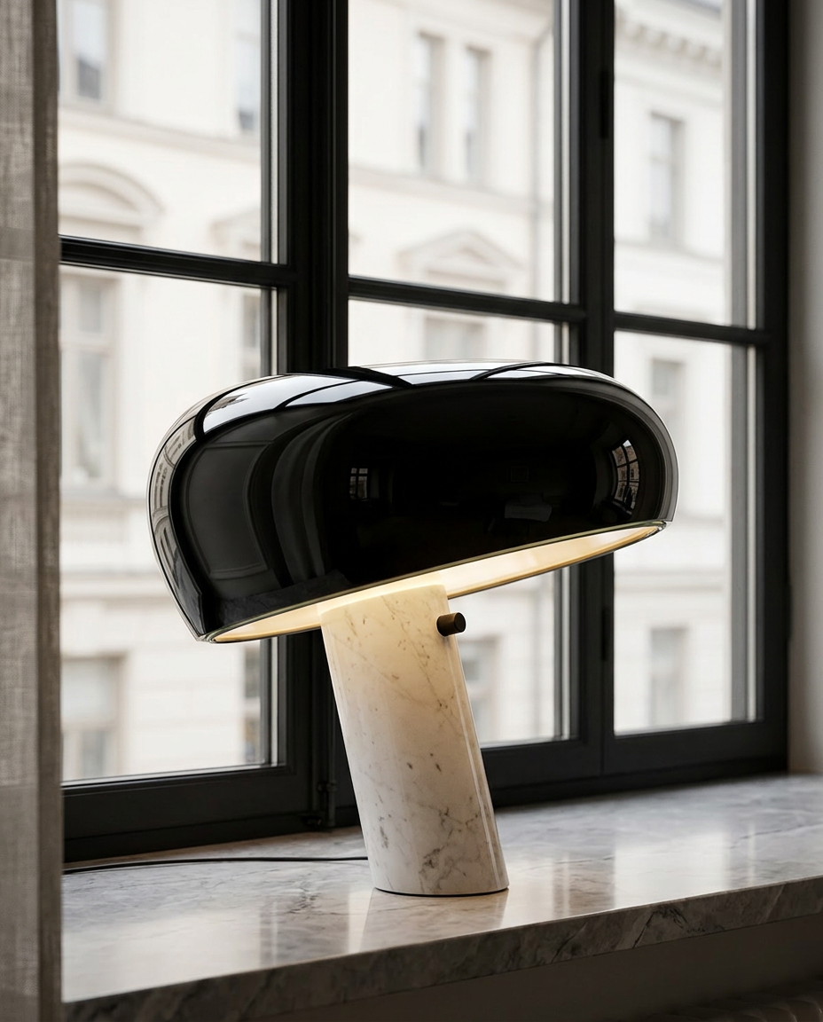 Snoopy Lampa Högblank Svart i ljus skandinavisk inredning på ekbord vid stora fönster